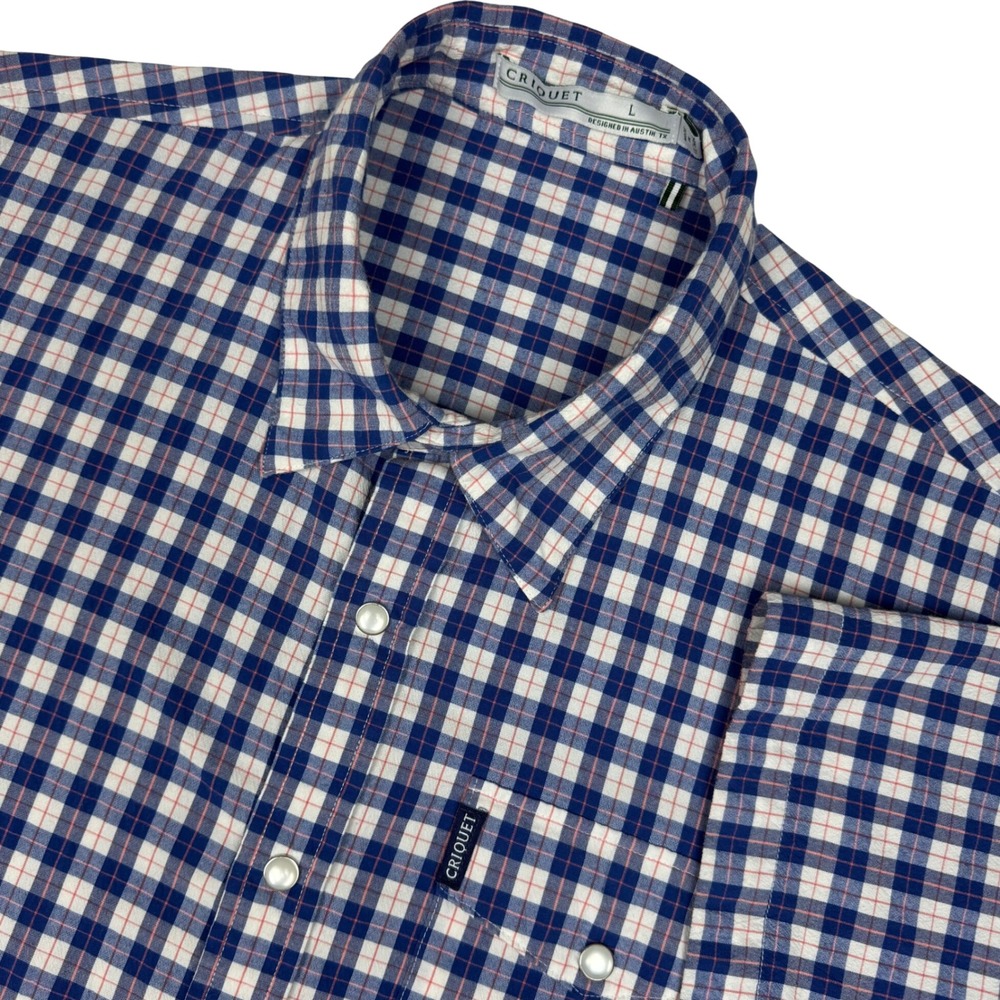 Criquet Plaid Snap Front Western Stretch Shirt Mens Large Blue White Performance
